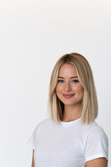 Fototapeta premium cheerful portrait of a young blonde norwegian woman, professional portrait of a smiling blonde woman in a white tshirt, formal waist up portrait of a cheerful young scandinavian woman