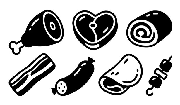 Cute meat and ham food vector symbols with sausage bacon deli slices and pork icons