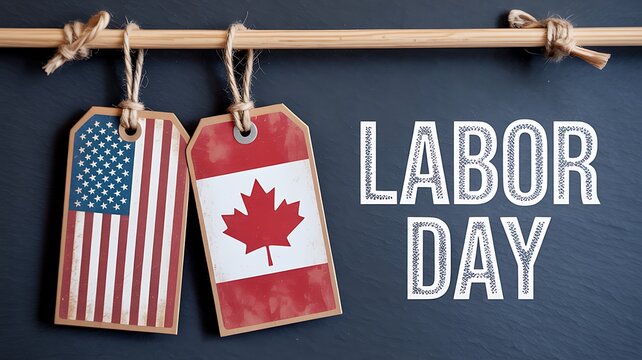 Labor day celebration concept with hanging tags featuring american and canadian flags on a dark background