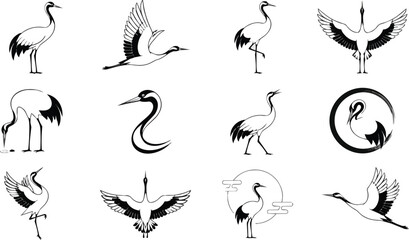 Naklejka premium Set of Japanese Crane Bird Illustrations in Minimalist Style