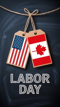 Labor day celebration concept with hanging american and canadian flag tags on a dark chalkboard background