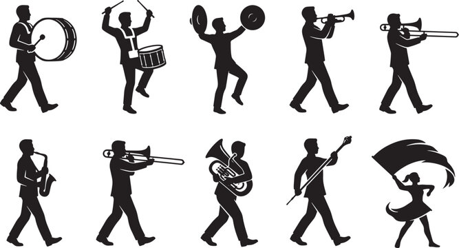 Black silhouette marching band musicians musical instruments and parade performers icon set vector illustration