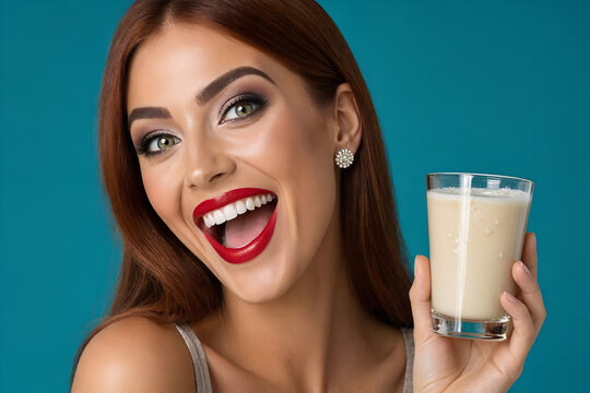 donna allegra che beve del latte