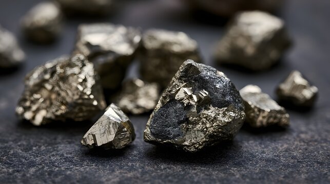 Shiny metallic pyrite fragments scattered on dark textured surface with shallow depth of field highlighting crystalline edges