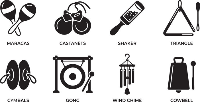 Black and white line of various percussion instruments with labels maracas castanets shaker triangle