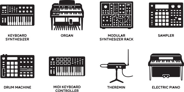 Black and white of various electronic musical instruments and devices keyboard synthesizer organ modular synthesizer rack