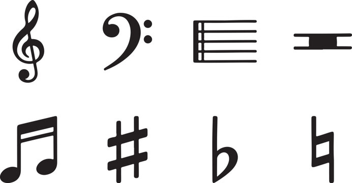 Music notes symbols treble clef flat sharp natural rest and quarter note on white background