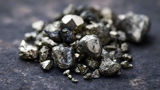 A pile of metallic pyrite crystals resting on a dark textured surface  with soft lighting emphasizing their reflective surfaces and irregular shapes