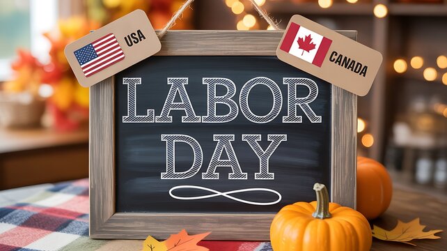 Labor day celebration with american and canadian flags and autumn pumpkin decor