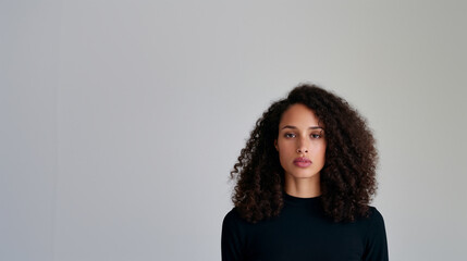 Obraz premium confident woman with natural curly hair, focused expression and soft lighting, expressive portrait of a woman with natural curls and an attentive intelligent gaze
