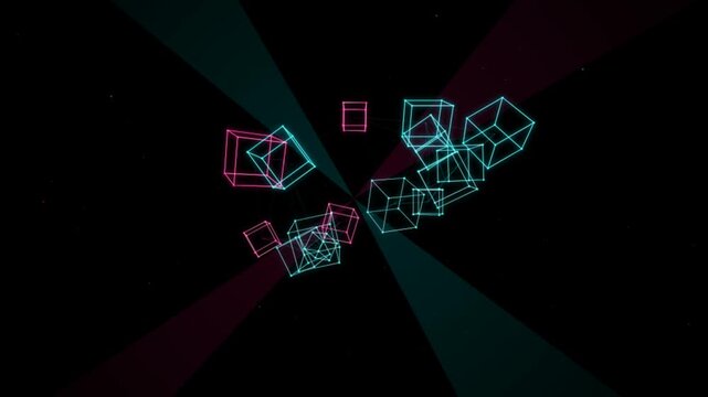 Abstract digital background featuring floating neon wireframe cubes with glowing light rays against a dark space backdrop