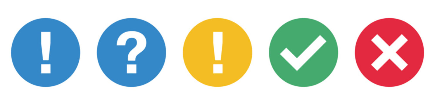 Information Icons. A set of five circular icons representing information, questioning, warning, confirmation, and negation.