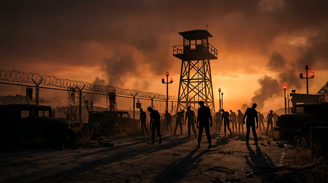 Military watchtower and barbed wire fence during a sunset or apocalypse