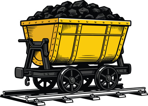Illustration showing yellow industrial mining cart loaded with black coal rocks sitting upon iron rails representing heavy labor extraction operations