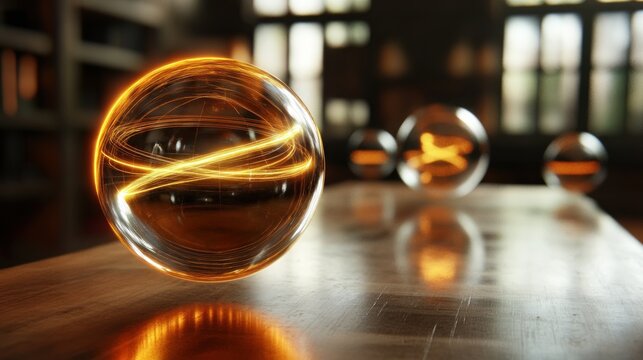 Glowing Orbs on Wooden Table: Abstract Art Photography