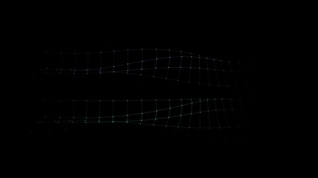 Abstract digital background featuring two glowing neon wireframe wave structures isolated on a deep black background