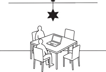 Fototapeta premium People sitting at table with laptop during meeting in modern room with hanging lamp.