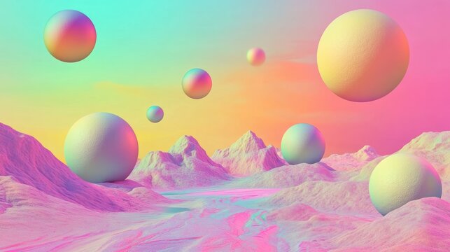 Pastel Dreamscape:Surreal Hills and Floating Spheres