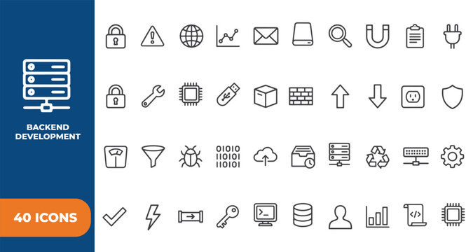 Backend development icon set for server management cloud infrastructure network security and database administration using technical hardware and software symbols