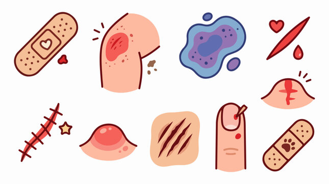 Wound and skin injury icon set illustration. First aid medical bandage doodle collection. Cut scratch bruise vector set.