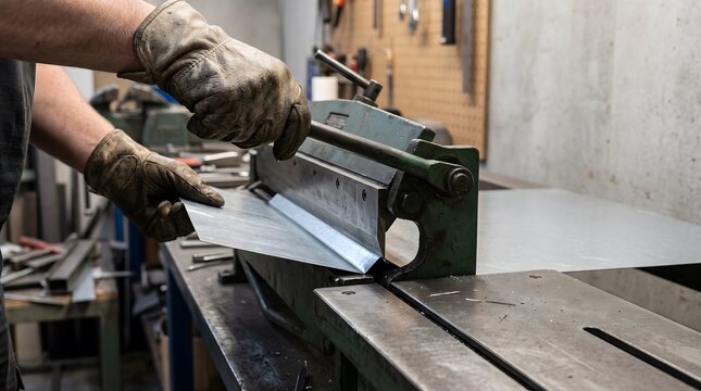 Worker hands bending sheet metal on industrial machine