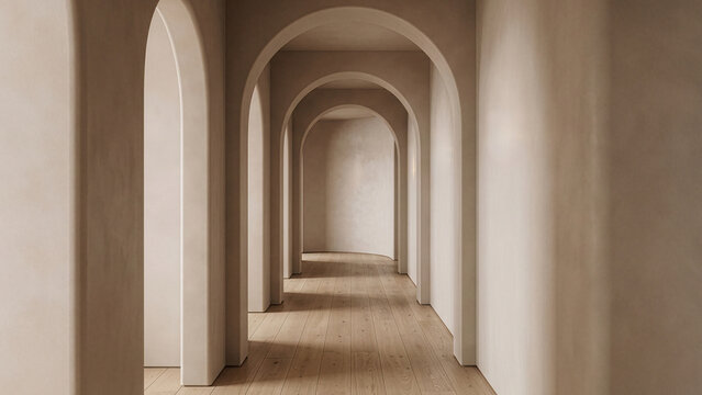 Minimalist empty corridor with beige arches and light wood floor in wabi-sabi style