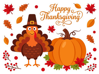 Naklejka premium Happy Thanksgiving Illustration with Cute Pilgrim Turkey and Harvest Pumpkin