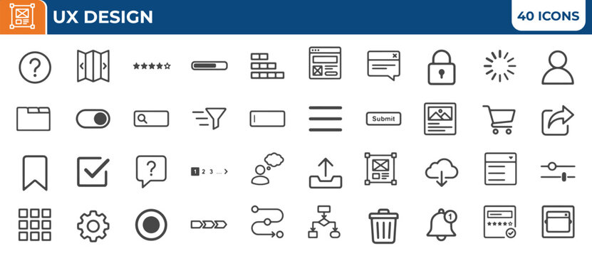 Technical gray line art UX design icon pack featuring wireframe layouts progress indicators user flow diagrams and structural interactive web elements