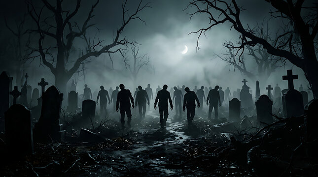 Spooky zombies walking through a misty graveyard at night under moonlight