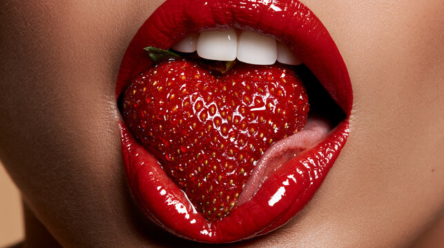 ripe strawberry between glossy red lips, closeup of woman with fresh strawberry and parted lips, juicy heart shaped strawberry resting on lips and tongue