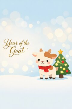 Year of the goat cute cartoon goat with decorated christmas tree on snowy bokeh background for holiday card and seasonal greeting