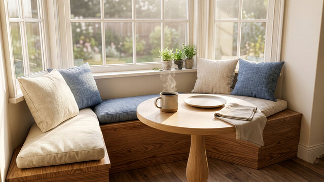 Cozy breakfast nook by a bay window with wooden bench seating and steaming coffee cup