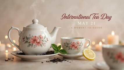Fototapeta premium Tea set with teapot and cup on rustic wooden table for international tea day