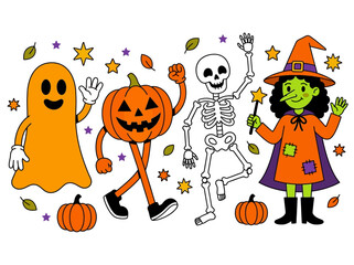 Fototapeta premium Retro Halloween Cartoon Characters Set: Ghost Pumpkin Skeleton and Witch