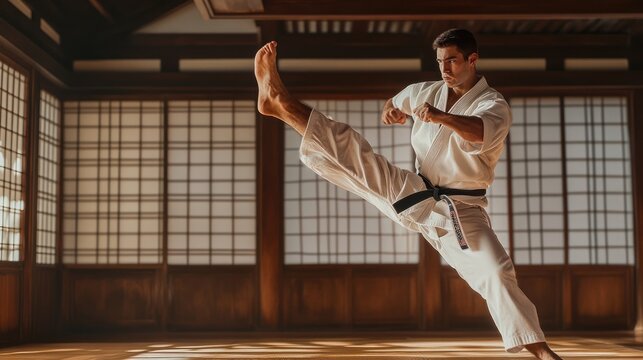 Athletic man in karate uniform executing a high side kick in a traditional Japanese dojo.