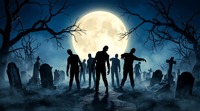 Scary zombies walking through graveyard at night with full moon