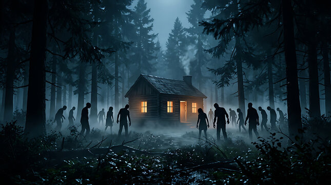 Horde of zombies surrounding glowing wooden cabin in dark foggy forest