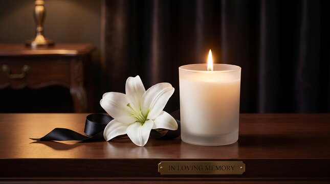 Memorial Candle with White Lily and Black Ribbon &ndash; Sympathy Concept