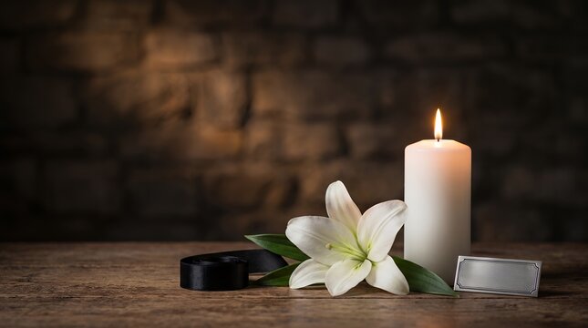 White Candle and Lily with Mourning Ribbon &ndash; Condolence Concept