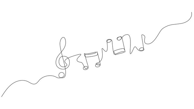 animated continuous line drawing of musical notes and treble clef, minimalist music concept line art animation