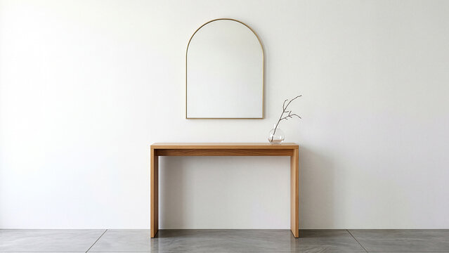 Minimalist entryway with wooden console table arched brass mirror and dry branch in glass vase