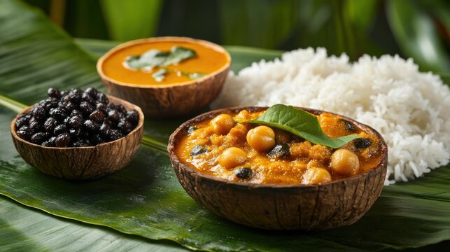 Authentic Sri Lankan meal featuring rice and various curries served in traditional coconut shells on a banana leaf.