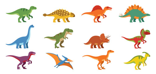 Cartoon dinosaur character set featuring various prehistoric reptiles and flying predators   Flat colorful vector graphic illustration © Stocklume