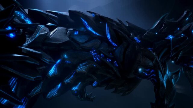 Tracking shot of robotic dragon prowling and emerging in dark futuristic hangar interior with glowing blue metallic armor