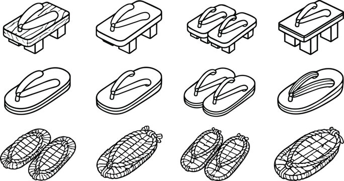 Traditional Japanese Footwear Icons Geta Zori Waraji Outline Set