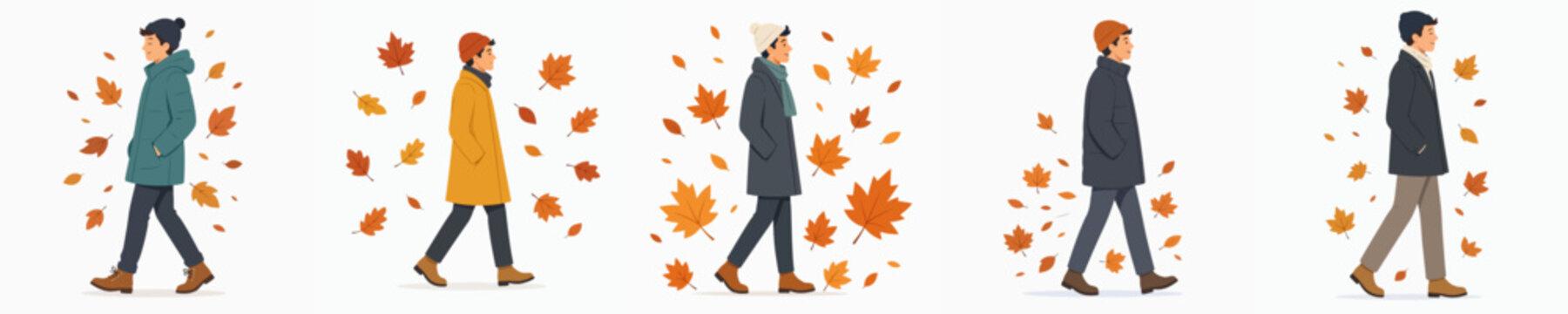 vector flat of a walking man dressed in cool autumn leaf atmosphere