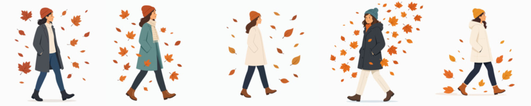 vector flat of a walking woman dressed in cool autumn leaf atmosphere