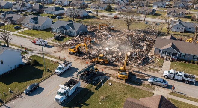 Demolition Crew and Heavy Equipment Clearing Debris from Damaged Residential Structure in Suburban Neighborhood