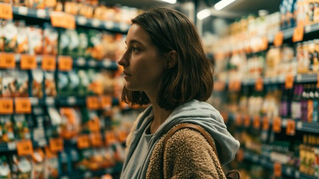 Supermarket customer staring at rapidly increasing food prices on shelf labels, symbolizing inflation, affordability challenges and food insecurity