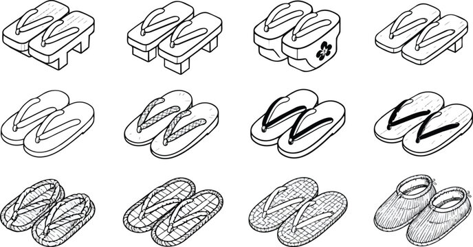 Traditional Japanese Geta Zori Footwear Line Art Icon Set